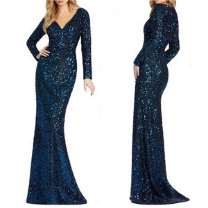 IEENA FOR MAC DUGGAL Navy Blue Long Sleeve Sequin Trumpet Gown NEW Size 10